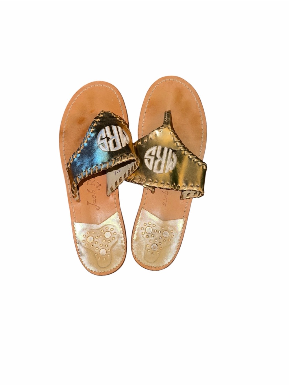 Jack Rogers Monogram Metallic Thong Sandals - Gold Size 7 M